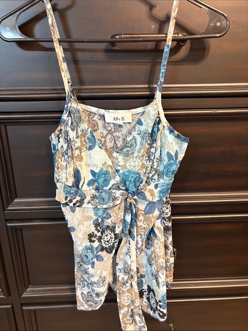 Ally B Blue and Beige Floral Tie-Front Cami